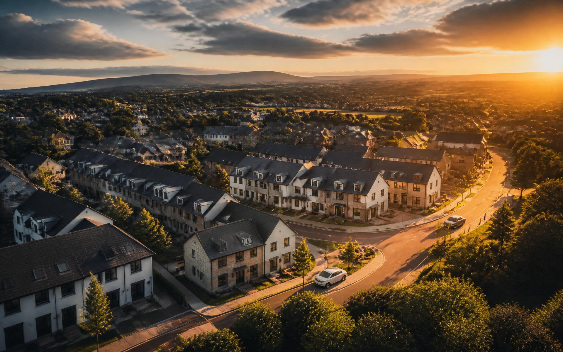 Aerial view of a Quantum residential development at golden hour